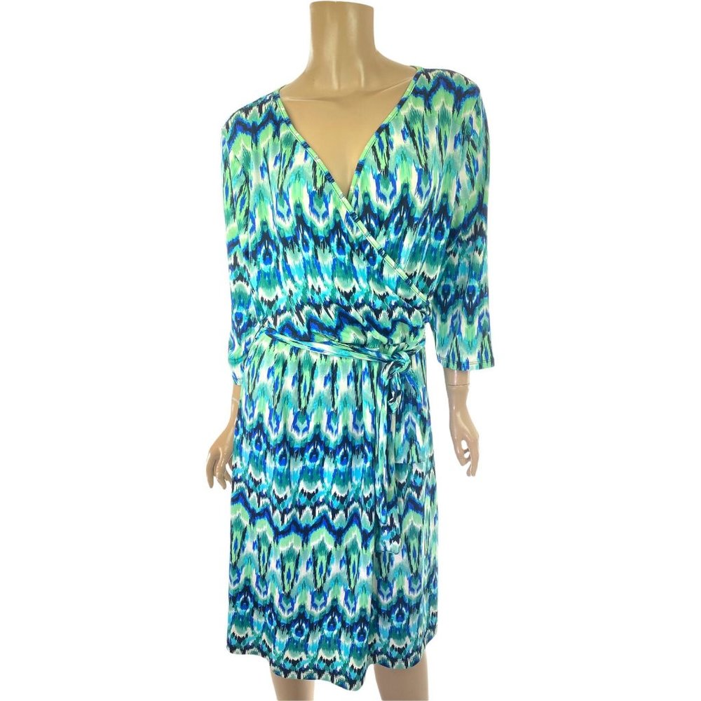 Christine XL Jersey Dress Blue Green Black Crossover Bodice Tie at Waist 3/4 Sle